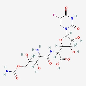 molecular formula C16H22FN5O12 B1203734 2-[(2-Amino-5-carbamoyloxy-3,4-dihydroxypentanoyl)amino]-2-[5-(5-fluoro-2,4-dioxopyrimidin-1-yl)-3,4-dihydroxyoxolan-2-yl]acetic acid CAS No. 50355-67-4