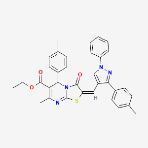 molecular formula C34H30N4O3S B12037610 Ethyl 7-methyl-3-oxo-2-((1-phenyl-3-(p-tolyl)-1H-pyrazol-4-yl)methylene)-5-(p-tolyl)-3,5-dihydro-2H-thiazolo[3,2-a]pyrimidine-6-carboxylate CAS No. 624726-70-1