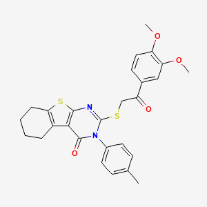 molecular formula C27H26N2O4S2 B12037813 2-{[2-(3,4-dimethoxyphenyl)-2-oxoethyl]sulfanyl}-3-(4-methylphenyl)-5,6,7,8-tetrahydro[1]benzothieno[2,3-d]pyrimidin-4(3H)-one 