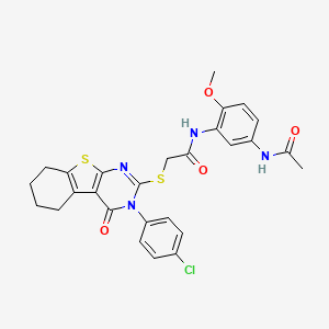 molecular formula C27H25ClN4O4S2 B12038227 N-[5-(acetylamino)-2-methoxyphenyl]-2-{[3-(4-chlorophenyl)-4-oxo-3,4,5,6,7,8-hexahydro[1]benzothieno[2,3-d]pyrimidin-2-yl]sulfanyl}acetamide CAS No. 476486-21-2