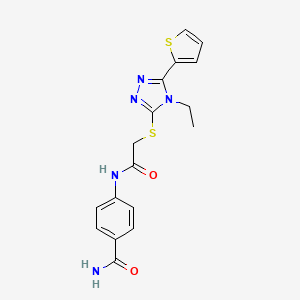 molecular formula C17H17N5O2S2 B12038237 4-(2-{[4-ethyl-5-(thiophen-2-yl)-4H-1,2,4-triazol-3-yl]sulfanyl}acetamido)benzamide CAS No. 573695-37-1
