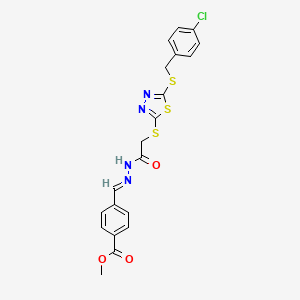 molecular formula C20H17ClN4O3S3 B12038403 methyl 4-[(E)-{2-[({5-[(4-chlorobenzyl)sulfanyl]-1,3,4-thiadiazol-2-yl}sulfanyl)acetyl]hydrazinylidene}methyl]benzoate 