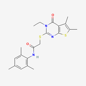 molecular formula C21H25N3O2S2 B12039359 2-((3-Ethyl-5,6-dimethyl-4-oxo-3,4-dihydrothieno[2,3-d]pyrimidin-2-yl)thio)-N-mesitylacetamide CAS No. 618427-80-8