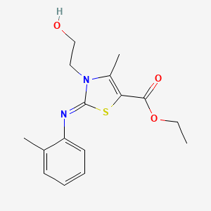 molecular formula C16H20N2O3S B12039553 ethyl (2Z)-3-(2-hydroxyethyl)-4-methyl-2-[(2-methylphenyl)imino]-2,3-dihydro-1,3-thiazole-5-carboxylate 