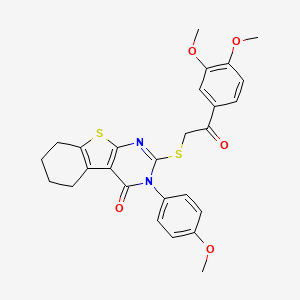 molecular formula C27H26N2O5S2 B12039945 2-{[2-(3,4-dimethoxyphenyl)-2-oxoethyl]sulfanyl}-3-(4-methoxyphenyl)-5,6,7,8-tetrahydro[1]benzothieno[2,3-d]pyrimidin-4(3H)-one CAS No. 477331-58-1