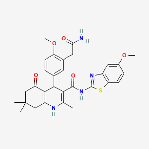 molecular formula C30H32N4O5S B12041122 4-(3-(2-Amino-2-oxoethyl)-4-methoxyphenyl)-N-(5-methoxybenzo[d]thiazol-2-yl)-2,7,7-trimethyl-5-oxo-1,4,5,6,7,8-hexahydroquinoline-3-carboxamide CAS No. 476483-24-6