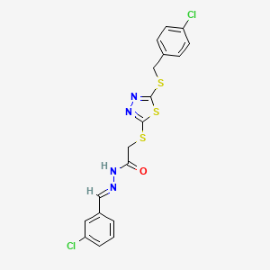 molecular formula C18H14Cl2N4OS3 B12041858 2-({5-[(4-chlorobenzyl)sulfanyl]-1,3,4-thiadiazol-2-yl}sulfanyl)-N'-[(E)-(3-chlorophenyl)methylidene]acetohydrazide 