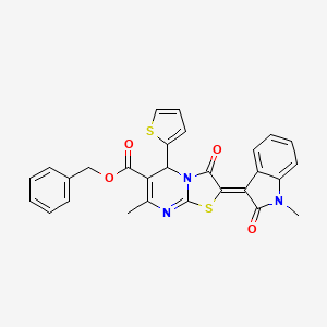 molecular formula C28H21N3O4S2 B12042179 benzyl (2Z)-7-methyl-2-(1-methyl-2-oxo-1,2-dihydro-3H-indol-3-ylidene)-3-oxo-5-(thiophen-2-yl)-2,3-dihydro-5H-[1,3]thiazolo[3,2-a]pyrimidine-6-carboxylate 