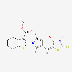 molecular formula C21H22N2O3S3 B12043244 ethyl 2-{2,5-dimethyl-3-[(E)-(4-oxo-2-thioxo-1,3-thiazolidin-5-ylidene)methyl]-1H-pyrrol-1-yl}-4,5,6,7-tetrahydro-1-benzothiophene-3-carboxylate 