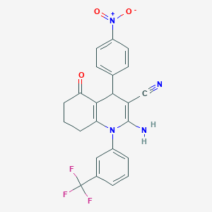 molecular formula C23H17F3N4O3 B12043398 2-Amino-4-(4-nitrophenyl)-5-oxo-1-(3-(trifluoromethyl)phenyl)-1,4,5,6,7,8-hexahydroquinoline-3-carbonitrile CAS No. 339318-73-9