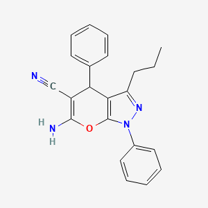molecular formula C22H20N4O B12043607 6-Amino-1,4-diphenyl-3-propyl-1,4-dihydropyrano[2,3-c]pyrazole-5-carbonitrile 