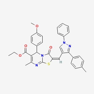 molecular formula C34H30N4O4S B12043712 Ethyl 5-(4-methoxyphenyl)-7-methyl-3-oxo-2-((1-phenyl-3-(p-tolyl)-1H-pyrazol-4-yl)methylene)-3,5-dihydro-2H-thiazolo[3,2-a]pyrimidine-6-carboxylate CAS No. 483276-20-6
