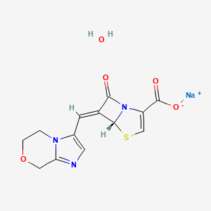 molecular formula C13H12N3NaO5S B12045642 sodium;(5R,6Z)-6-(6,8-dihydro-5H-imidazo[2,1-c][1,4]oxazin-3-ylmethylidene)-7-oxo-4-thia-1-azabicyclo[3.2.0]hept-2-ene-2-carboxylate;hydrate 