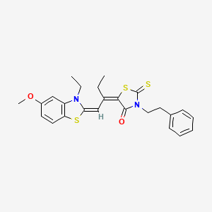 molecular formula C25H26N2O2S3 B12046251 (5E)-5-[(1E)-1-(3-ethyl-5-methoxy-1,3-benzothiazol-2-ylidene)butan-2-ylidene]-3-(2-phenylethyl)-2-sulfanylidene-1,3-thiazolidin-4-one 
