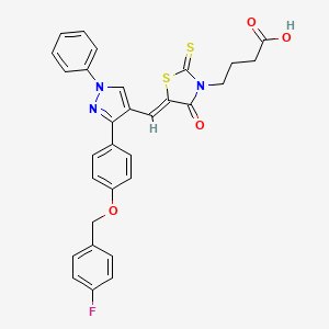 molecular formula C30H24FN3O4S2 B12046302 4-{(5Z)-5-[(3-{4-[(4-Fluorobenzyl)oxy]phenyl}-1-phenyl-1H-pyrazol-4-YL)methylene]-4-oxo-2-thioxo-1,3-thiazolidin-3-YL}butanoic acid 