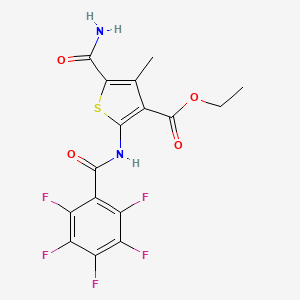 molecular formula C16H11F5N2O4S B12046600 Ethyl 5-carbamoyl-4-methyl-2-(perfluorobenzamido)thiophene-3-carboxylate CAS No. 551907-64-3