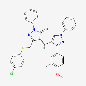 molecular formula C34H27ClN4O2S B12046689 (4Z)-5-{[(4-chlorophenyl)sulfanyl]methyl}-4-{[3-(4-methoxy-3-methylphenyl)-1-phenyl-1H-pyrazol-4-yl]methylene}-2-phenyl-2,4-dihydro-3H-pyrazol-3-one 