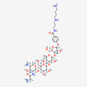 molecular formula C40H66N6O18 B1204730 4-[4-[4-[5-[5-amino-3-(2-aminopropanoylamino)-4-hydroxy-6-methyloxan-2-yl]oxy-3,4-dihydroxy-6-(hydroxymethyl)oxan-2-yl]oxy-3,5-dihydroxy-6-methylideneoxan-2-yl]oxy-3-hydroxy-5-(hydroxymethyl)oxolan-2-yl]oxy-N-[3-(4-aminobutylamino)propyl]benzamide CAS No. 78213-55-5