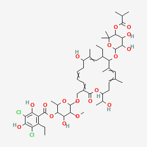 molecular formula C52H74Cl2O18 B1204817 [6-[[12-[3,4-Dihydroxy-6,6-dimethyl-5-(2-methylpropanoyloxy)oxan-2-yl]oxy-11-ethyl-8-hydroxy-18-(1-hydroxyethyl)-9,13,15-trimethyl-2-oxo-1-oxacyclooctadeca-3,5,9,13,15-pentaen-3-yl]methoxy]-4-hydroxy-5-methoxy-2-methyloxan-3-yl] 3,5-dichloro-2-ethyl-4,6-dihydroxybenzoate 