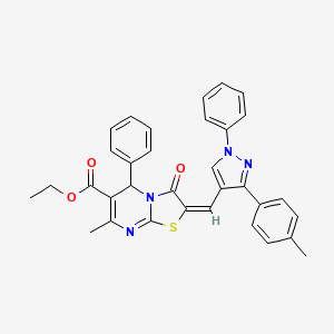 molecular formula C33H28N4O3S B12049526 Ethyl 7-methyl-3-oxo-5-phenyl-2-((1-phenyl-3-(p-tolyl)-1H-pyrazol-4-yl)methylene)-3,5-dihydro-2H-thiazolo[3,2-a]pyrimidine-6-carboxylate CAS No. 313272-50-3