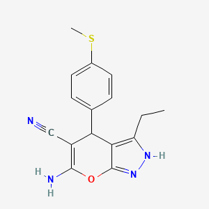 molecular formula C16H16N4OS B12051322 6-Amino-3-ethyl-4-[4-(methylsulfanyl)phenyl]-1,4-dihydropyrano[2,3-c]pyrazole-5-carbonitrile 
