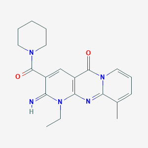 molecular formula C20H23N5O2 B12052180 7-ethyl-6-imino-11-methyl-5-(piperidine-1-carbonyl)-1,7,9-triazatricyclo[8.4.0.03,8]tetradeca-3(8),4,9,11,13-pentaen-2-one 
