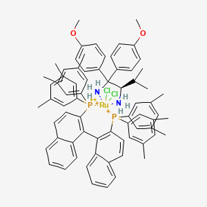 molecular formula C71H76Cl2N2O2P2Ru+4 B12054432 [1-[2-bis(3,5-dimethylphenyl)phosphaniumylnaphthalen-1-yl]naphthalen-2-yl]-bis(3,5-dimethylphenyl)phosphanium;(2R)-1,1-bis(4-methoxyphenyl)-3-methylbutane-1,2-diamine;dichlororuthenium(2+) 