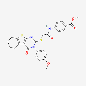 molecular formula C27H25N3O5S2 B12055116 Methyl 4-[({[3-(4-methoxyphenyl)-4-oxo-3,4,5,6,7,8-hexahydro[1]benzothieno[2,3-d]pyrimidin-2-yl]sulfanyl}acetyl)amino]benzoate CAS No. 477329-17-2