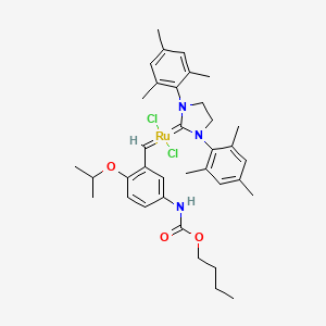 molecular formula C36H47Cl2N3O3Ru B12056920 Dichloro[1,3-bis(2,4,6-trimethylphenyl)-2-imidazolidinylidene][(5-isobutoxycarbonylamino)-(2-isopropoxy)benzylidene]ruthenium(II) 