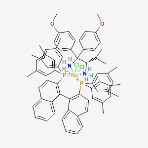 molecular formula C71H76Cl2N2O2P2Ru+4 B12057172 [1-[2-Bis(3,5-dimethylphenyl)phosphaniumylnaphthalen-1-yl]naphthalen-2-yl]-bis(3,5-dimethylphenyl)phosphanium;(2S)-1,1-bis(4-methoxyphenyl)-3-methylbutane-1,2-diamine;dichlororuthenium(2+) 