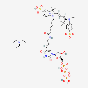 molecular formula C49H71N6O21P3S2 B12057207 N,N-diethylethanamine;(2E)-1-ethyl-2-[(E)-3-[1-[6-[[(E)-3-[1-[(2R,4R,5R)-4-hydroxy-5-[[hydroxy-[hydroxy(phosphonooxy)phosphoryl]oxyphosphoryl]oxymethyl]oxolan-2-yl]-2,4-dioxopyrimidin-5-yl]prop-2-enyl]amino]-6-oxohexyl]-3,3-dimethyl-5-sulfoindol-1-ium-2-yl]prop-2-enylidene]-3,3-dimethylindole-5-sulfonate 