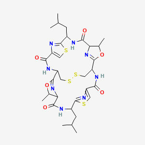 molecular formula C32H42N8O6S4 B1205845 4,18-Dimethyl-8,22-bis(2-methylpropyl)-3,17-dioxa-10,24,30,31-tetrathia-7,14,21,28,33,34,35,36-octazahexacyclo[13.13.4.12,5.19,12.116,19.123,26]hexatriaconta-2(36),9(35),11,16(34),23(33),25-hexaene-6,13,20,27-tetrone CAS No. 74847-09-9