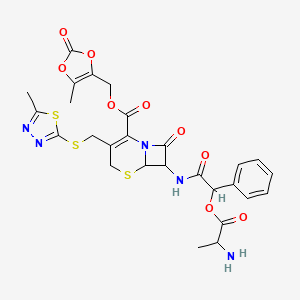 molecular formula C27H27N5O9S3 B1206273 (5-Methyl-2-oxo-1,3-dioxol-4-yl)methyl 7-[[2-(2-aminopropanoyloxy)-2-phenylacetyl]amino]-3-[(5-methyl-1,3,4-thiadiazol-2-yl)sulfanylmethyl]-8-oxo-5-thia-1-azabicyclo[4.2.0]oct-2-ene-2-carboxylate 