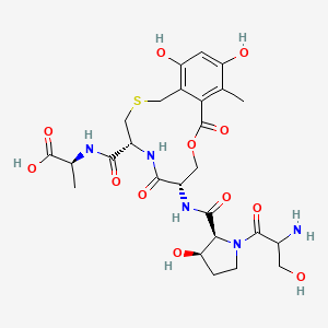 molecular formula C26H35N5O12S B1206860 (2S)-2-[[(5R,8S)-8-[[(2S,3R)-1-(2-amino-3-hydroxy-propanoyl)-3-hydroxy-pyrrolidine-2-carbonyl]amino]-14,16-dihydroxy-13-methyl-7,11-dioxo-10-oxa-3-thia-6-azabicyclo[10.4.0]hexadeca-1(16),12,14-triene-5-carbonyl]amino]propanoic acid 