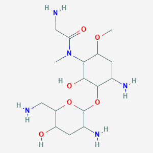 molecular formula C16H33N5O6 B1207114 2-amino-N-[4-amino-3-[3-amino-6-(aminomethyl)-5-hydroxyoxan-2-yl]oxy-2-hydroxy-6-methoxycyclohexyl]-N-methylacetamide CAS No. 73488-29-6