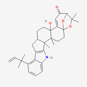 molecular formula C32H39NO4 B1207242 19-hydroxy-4,5,24,24-tetramethyl-12-(2-methylbut-3-en-2-yl)-25,26-dioxa-7-azaheptacyclo[21.2.1.01,20.04,19.05,16.06,14.08,13]hexacosa-6(14),8,10,12,20-pentaen-22-one 