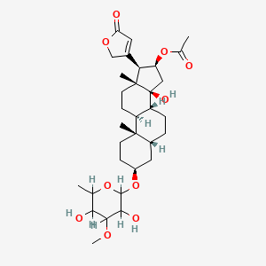 molecular formula C32H48O10 B1207836 [(3S,5R,8R,9S,10S,13R,14S,16S,17R)-3-(3,5-dihydroxy-4-methoxy-6-methyloxan-2-yl)oxy-14-hydroxy-10,13-dimethyl-17-(5-oxo-2H-furan-3-yl)-1,2,3,4,5,6,7,8,9,11,12,15,16,17-tetradecahydrocyclopenta[a]phenanthren-16-yl] acetate CAS No. 639-01-0