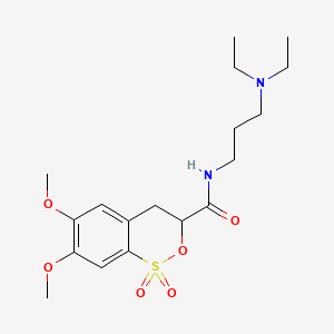 molecular formula C18H28N2O6S B1207915 2,1-Benzoxathiin-3-carboxamide, N-[3-(diethylamino)propyl]-3,4-dihydro-6,7-dimethoxy-, 1,1-dioxide CAS No. 35423-52-0