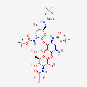 molecular formula C35H60F3N5O16 B12079235 tert-butyl N-[(1S,2R,3R,4S,5R)-5-amino-4-[(2S,3R,4S,5S,6R)-3,5-dihydroxy-6-(hydroxymethyl)-4-[(2,2,2-trifluoroacetyl)amino]oxan-2-yl]oxy-3-hydroxy-2-[(2R,3R,5S,6R)-5-hydroxy-3-[(2-methylpropan-2-yl)oxycarbonylamino]-6-[[(2-methylpropan-2-yl)oxycarbonylamino]methyl]oxan-2-yl]oxycyclohexyl]carbamate 