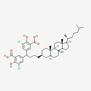 molecular formula C45H62Cl2O6 B1208140 5-[1-(3-carboxy-5-chloro-4-hydroxy-phenyl)-4-[(3S,5S,8R,9S,10S,13R,14S,17R)-17-[(1R)-1,5-dimethylhexyl]-10,13-dimethyl-2,3,4,5,6,7,8,9,11,12,14,15,16,17-tetradecahydro-1H-cyclopenta[a]phenanthren-3-yl]butyl]-3-chloro-2-hydroxy-benzoic acid 