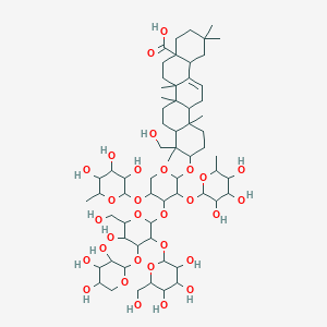 molecular formula C64H104O30 B12086715 10-[4-[5-Hydroxy-6-(hydroxymethyl)-3-[3,4,5-trihydroxy-6-(hydroxymethyl)oxan-2-yl]oxy-4-(3,4,5-trihydroxyoxan-2-yl)oxyoxan-2-yl]oxy-3,5-bis[(3,4,5-trihydroxy-6-methyloxan-2-yl)oxy]oxan-2-yl]oxy-9-(hydroxymethyl)-2,2,6a,6b,9,12a-hexamethyl-1,3,4,5,6,6a,7,8,8a,10,11,12,13,14b-tetradecahydropicene-4a-carboxylic acid 