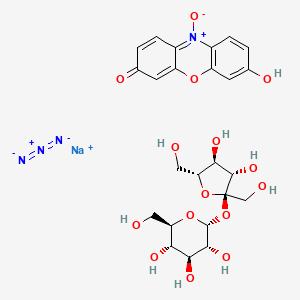 molecular formula C24H29N4NaO15 B1208755 sodium;(2R,3R,4S,5S,6R)-2-[(2R,3S,4S,5R)-3,4-dihydroxy-2,5-bis(hydroxymethyl)oxolan-2-yl]oxy-6-(hydroxymethyl)oxane-3,4,5-triol;7-hydroxy-10-oxidophenoxazin-10-ium-3-one;azide CAS No. 79992-73-7