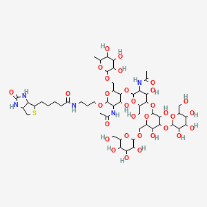 molecular formula C53H89N5O32S B12090570 N-[3-[3-acetamido-5-[3-acetamido-5-[3,5-dihydroxy-4-[3,4,5-trihydroxy-6-(hydroxymethyl)oxan-2-yl]oxy-6-[[3,4,5-trihydroxy-6-(hydroxymethyl)oxan-2-yl]oxymethyl]oxan-2-yl]oxy-4-hydroxy-6-(hydroxymethyl)oxan-2-yl]oxy-4-hydroxy-6-[(3,4,5-trihydroxy-6-methyloxan-2-yl)oxymethyl]oxan-2-yl]oxypropyl]-5-(2-oxo-1,3,3a,4,6,6a-hexahydrothieno[3,4-d]imidazol-4-yl)pentanamide 