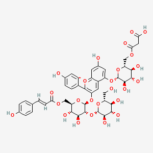 molecular formula C45H49O25+ B12090944 1-Benzopyrylium, 5-[[6-O-(2-carboxyacetyl)-beta-D-glucopyranosyl]oxy]-3-[[2-O-beta-D-glucopyranosyl-6-O-[(2E)-3-(4-hydroxyphenyl)-1-oxo-2-propen-1-yl]-beta-D-glucopyranosyl]oxy]-7-hydroxy-2-(4-hydroxyphenyl)- CAS No. 218963-76-9