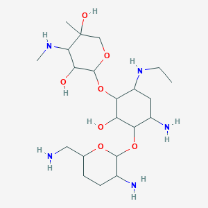 molecular formula C21H43N5O7 B12091799 2-[4-Amino-3-[3-amino-6-(aminomethyl)oxan-2-yl]oxy-6-(ethylamino)-2-hydroxycyclohexyl]oxy-5-methyl-4-(methylamino)oxane-3,5-diol 