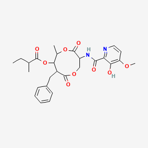molecular formula C27H32N2O9 B1209388 [8-苄基-3-[(3-羟基-4-甲氧基吡啶-2-羰基)氨基]-6-甲基-4,9-二氧代-1,5-二氧杂环庚-7-基] 2-甲基丁酸酯 