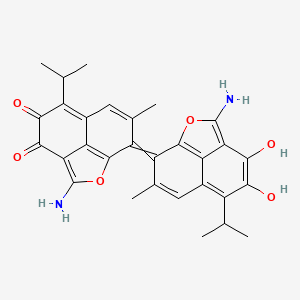 molecular formula C30H28N2O6 B1209814 3-Amino-11-(3-amino-5,6-dihydroxy-10-methyl-7-propan-2-yl-2-oxatricyclo[6.3.1.04,12]dodeca-1(12),3,5,7,9-pentaen-11-ylidene)-10-methyl-7-propan-2-yl-2-oxatricyclo[6.3.1.04,12]dodeca-1(12),3,7,9-tetraene-5,6-dione 