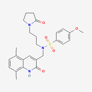 molecular formula C26H31N3O5S B1209916 N-[(5,8-dimethyl-2-oxo-1H-quinolin-3-yl)methyl]-4-methoxy-N-[3-(2-oxo-1-pyrrolidinyl)propyl]benzenesulfonamide 