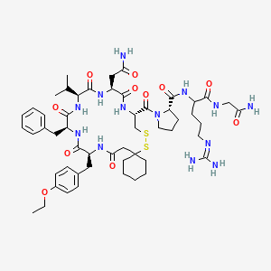 molecular formula C53H77N13O11S2 B1209943 1-(beta-Mercapto-beta,beta-cyclopentamethylenepropionic acid)-2-(O-ethyl-tyr)-4-val-arginine vasopressin CAS No. 77453-01-1