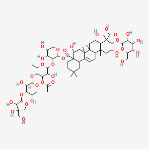 molecular formula C59H92O30 B12100013 8a-[3-[4-Acetyloxy-5-[4-[3,4-dihydroxy-4-(hydroxymethyl)oxolan-2-yl]oxy-3,5-dihydroxyoxan-2-yl]oxy-3-hydroxy-6-methyloxan-2-yl]oxy-4,5-dihydroxyoxan-2-yl]oxycarbonyl-2,8-dihydroxy-4-(hydroxymethyl)-6a,6b,11,11,14b-pentamethyl-3-[3,4,5-trihydroxy-6-(hydroxymethyl)oxan-2-yl]oxy-1,2,3,4a,5,6,7,8,9,10,12,12a,14,14a-tetradecahydropicene-4-carboxylic acid 